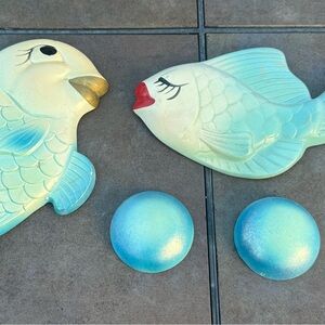 Vintage 1964 Miller Studio Blue Chalkware 2 Fish & 2 Bubbles Wall Decor